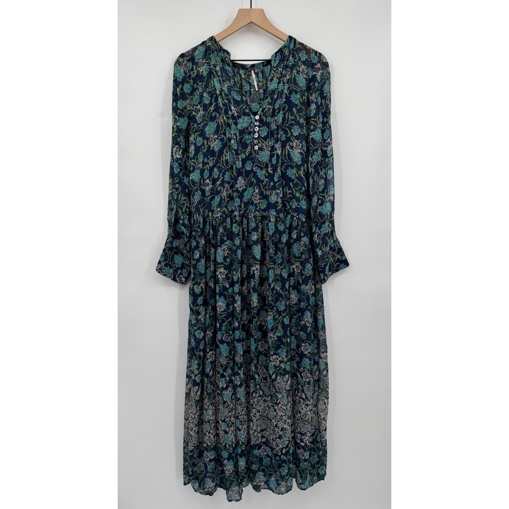 Free People Maxi Dress Womens Small Blue Floral Long Sleeve Boho V-Neck Pockets